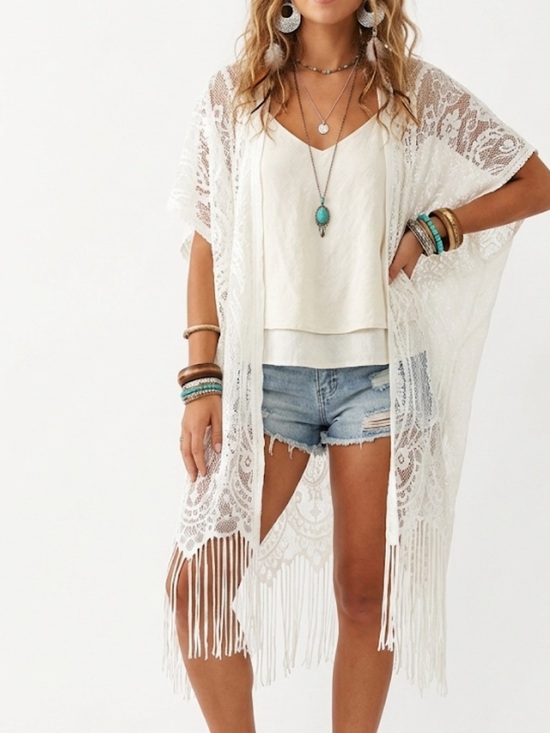 Other - Ivory Sheer Floral Lace Fringe Kimono Duster Beach Cover-Up Onesize